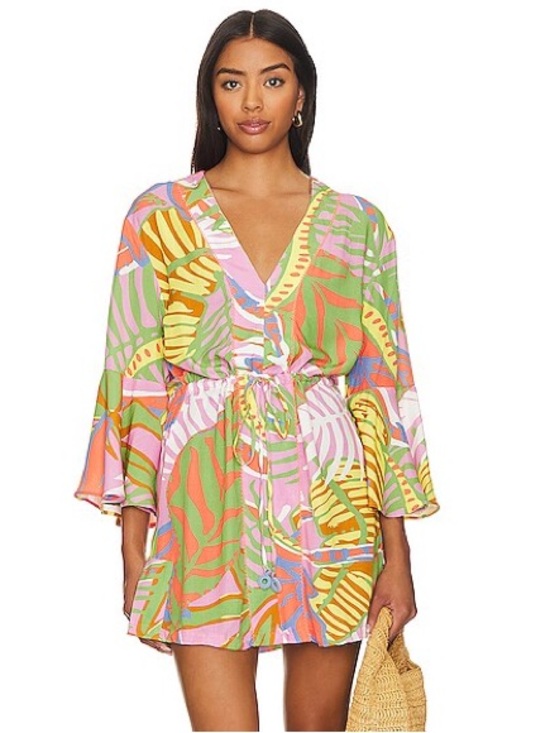 Maaji Other - Maaji Joy Caftan Mini Dress Swim Cover Tropical Print Bell Sleeve Size Medium